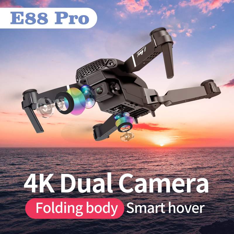 

E88 Pro RC Aircraft with wide-angle HD 4K 1080P Wifi Fpv Dual Camera Height Hold Foldable Quadcopter Mini Drone Gift Toys, Black