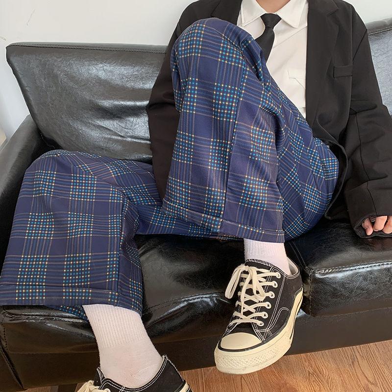 

Men's Casual Pants Loose Printed Plaid Straight Wide-leg Pants Japanese Style Nine-point Male Trousers Fashion Spring And Autumn, Purple