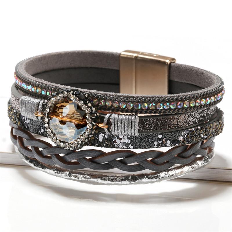 

Women Stone Beads Leather Bracelet Crystal Bangle Multi Layers Bohemian Style 2020