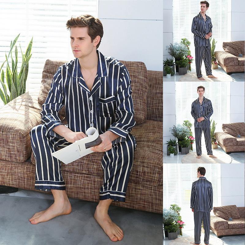 

Pajama Sets Silk Satin Pijamas Striped Sleepwear Home Suit Pyjama For Lover Man Woman Lovers' Clothes