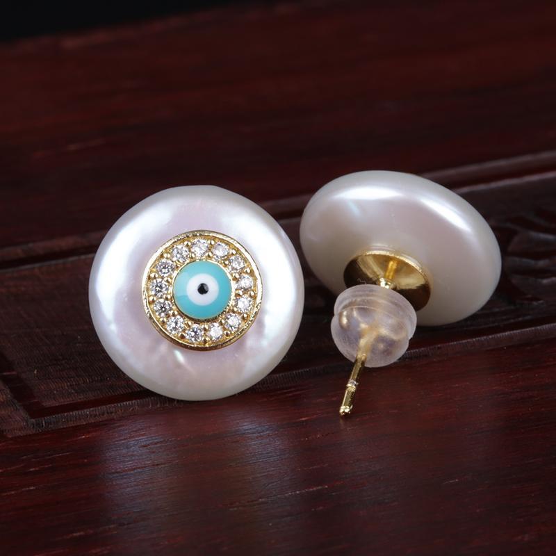 

White Cz Micro Pave Tiny Blue Eye Evil Eye Natural Coin Freshwater Pearl Bead Protect Charm Gold Button Unisex Stud Earring