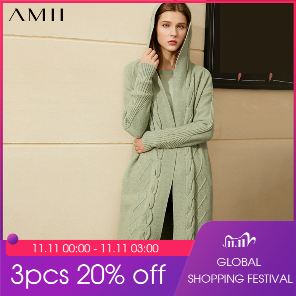 

Amii Minimalism Autumn Winter Cardigan Fashion Solid Hooded Knitted Cardigans For Women Simple Female Coat 12070552, Purple
