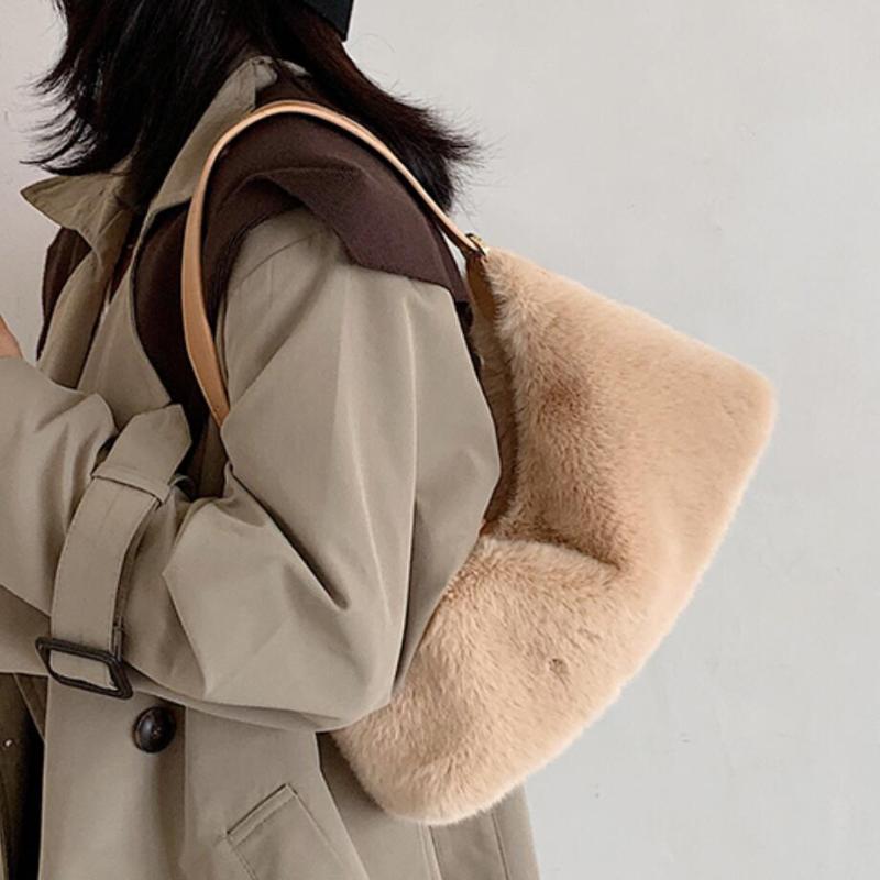 

Elegant Female Tote bag 2021 Fashion New Quality Soft Plush Women's Designer Handbag Solid color Casual Armpit bag Travel, Black
