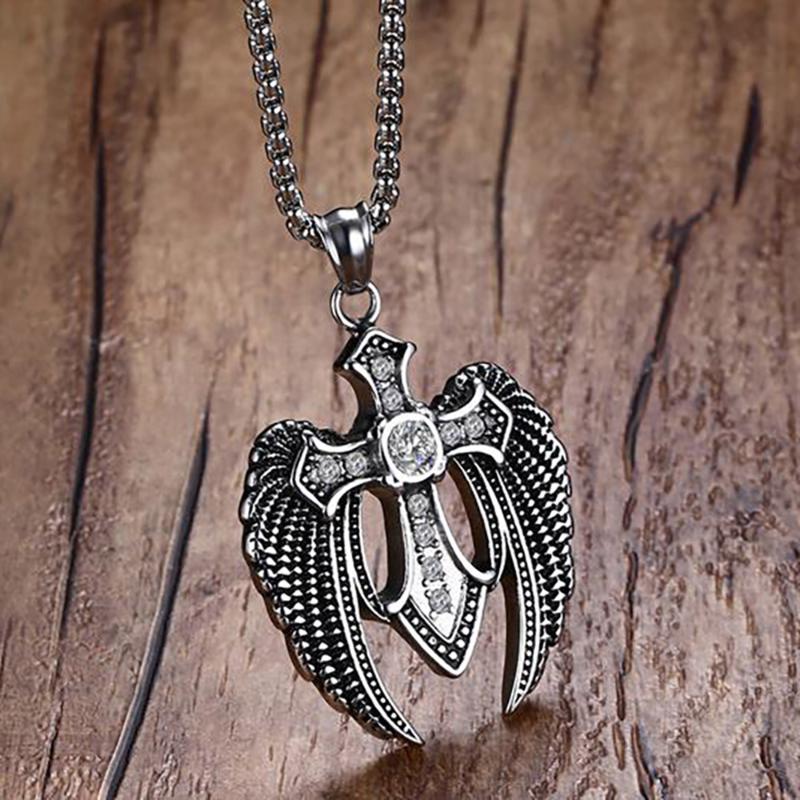 

Stainless Steel Crystal Angel Pendant Necklace Punk Rock Brid Animal Jewelry Gift For Men Women