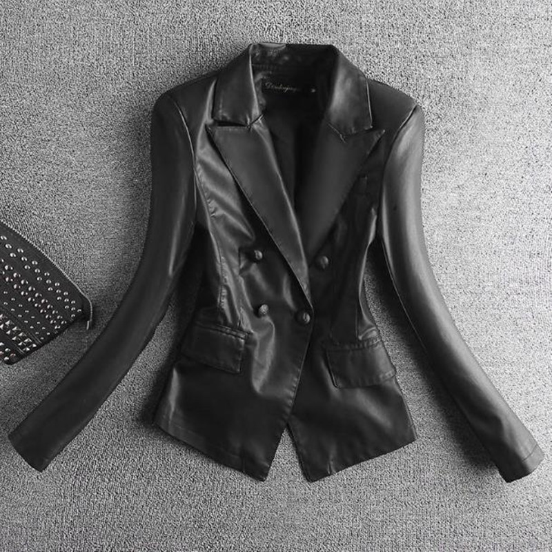 

Spring Female Autumn New Double Fine Plutonium Leather Jacket Yioi, Black