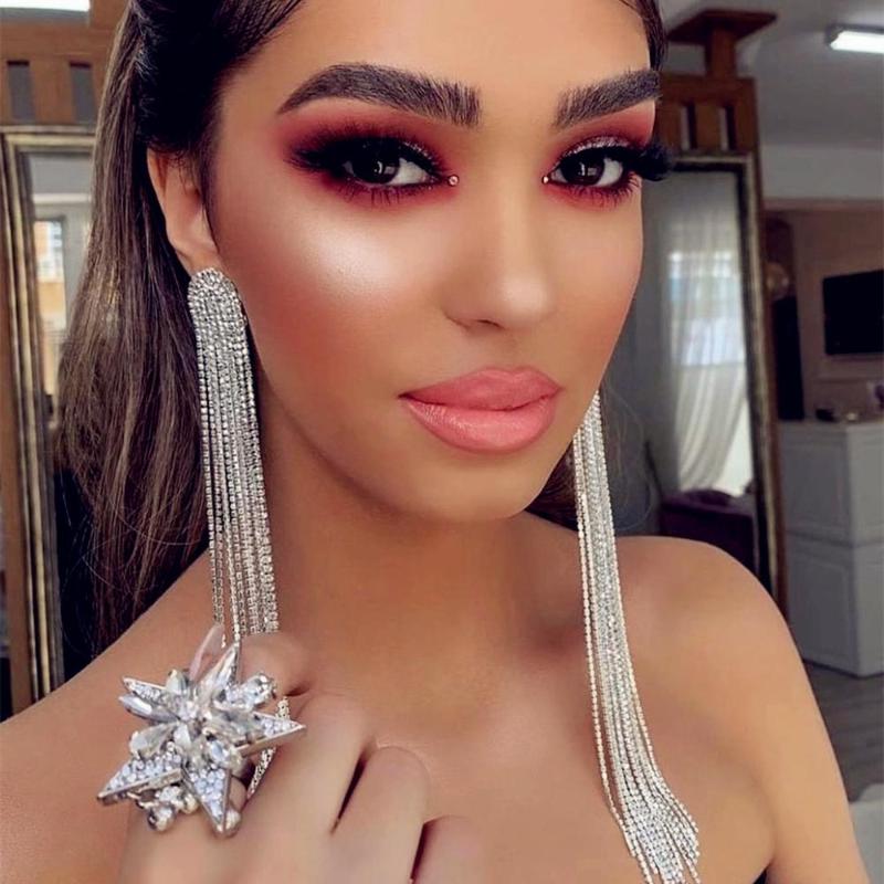 

Women Fashion Shiny Rhinestone Long Chain Dangle Earrings Jewelry Trendy Evening Dress Statement Earrings Accessories Hot Sale