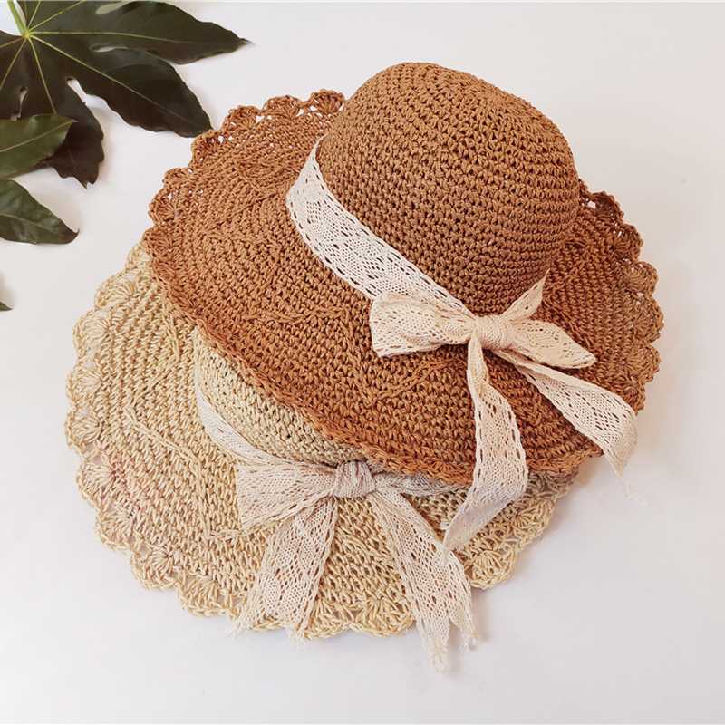 

NEW Straw Sun Hat Womens Summer Fashion Wide Brim Straw Hat Beach Sun Lace Bow Casual Hollow Caps, Brown