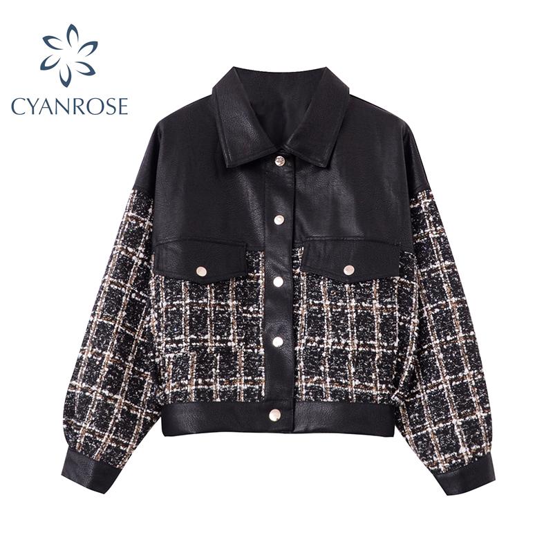 

Short Jacket For Women Winter Warm Clothes Casual Vintage Single Breasted Patchwork Pu Leather Jackets Female Tops Outerwear, Black