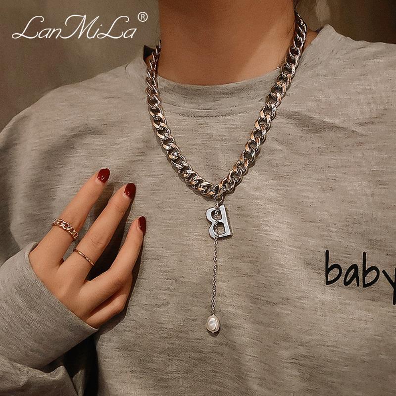 

LanMiLa Punk Cuban Letter Pearl Pendant Silver Color Metal Chain Women Necklace Jewelry New Necklace 2021