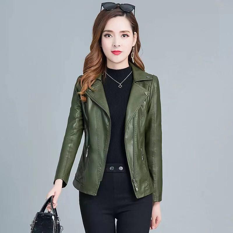 

2020 Spring New Women's Leather Jacket Short Slim Women's Clothing Motorcycle Fashion Wild Women Coat Leather Plus Size XL-6XL, Army green