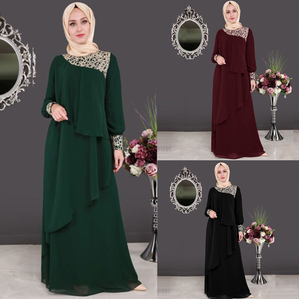 

Muslim Long Party Dress Women Abata Chiffon Lace Irregular Ruffles Patchwork Maxi Dresses Elegant Islamic Clothing Djellaba Ropa, Black;gray