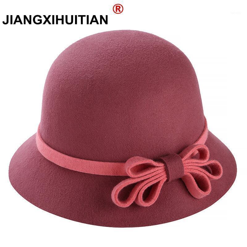 

2020 New Women 100%Real wool Bowler Floppy Vintage Bow Fedora Hat Female Sun Hats Felt Fedora Hat Flat Dome Oval Top Bowler1