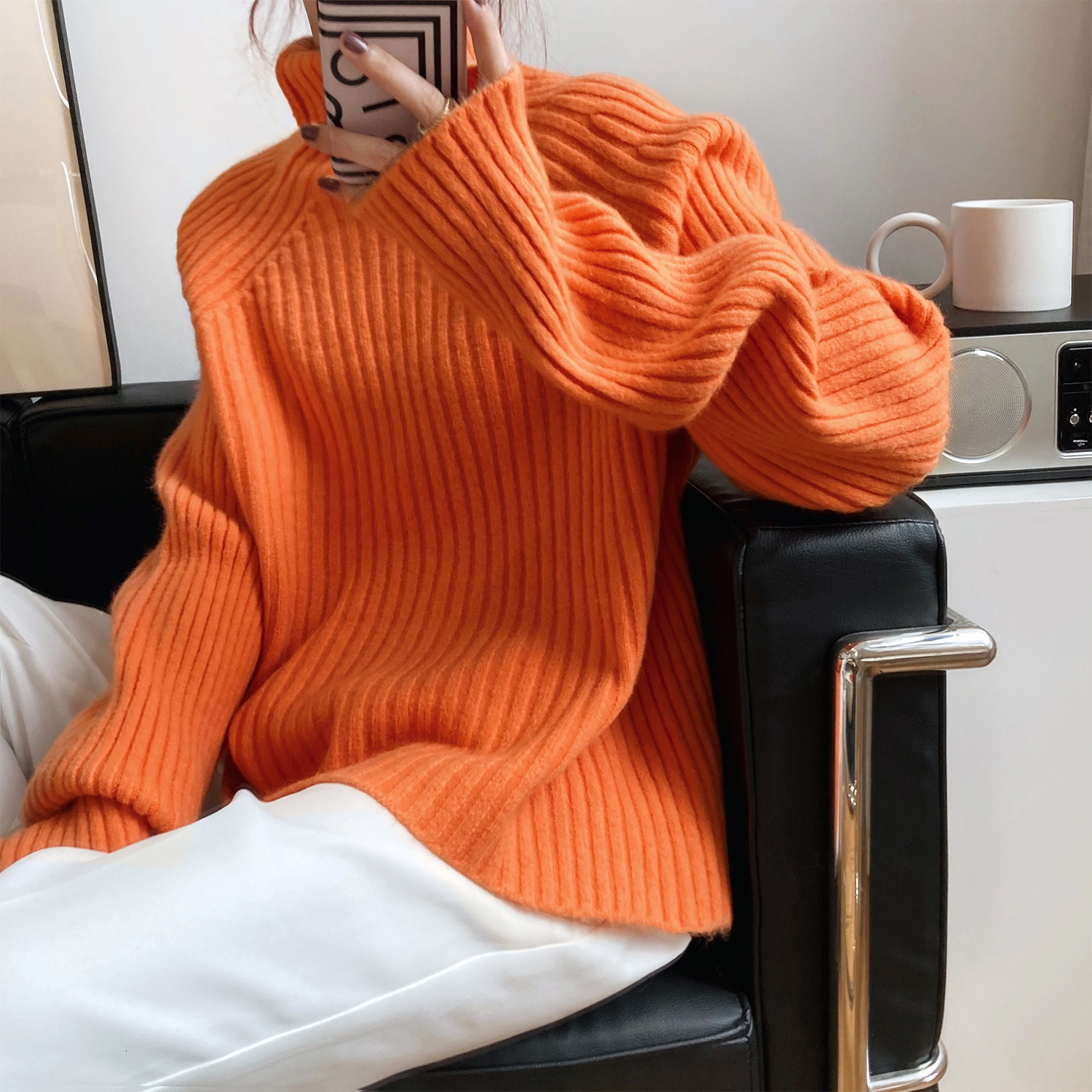 

New 2021 Spring Turtleneck Pure Color Loose Style Knitted Fashion Sweater Casual Women Yellow Pullovers Pull Femme Df9i, Black