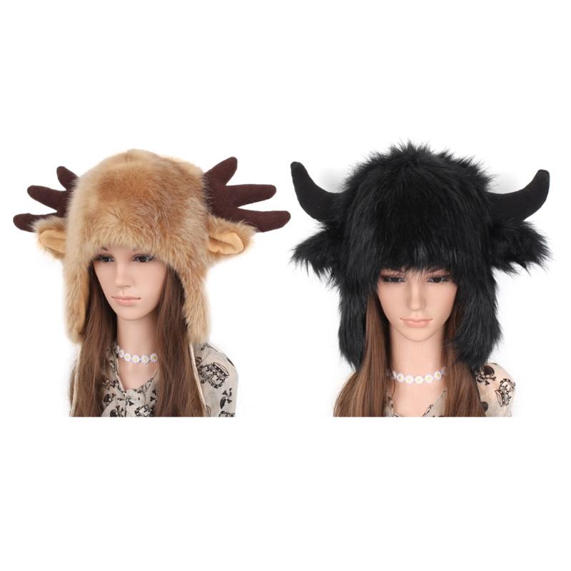 

Women Men Winter Furry Plush Snow Trapper Hat Cute Ox Horns Deer Antlers Fluffy Animal Cap with Ear Flap Cosplay Earmuff, Blue;gray