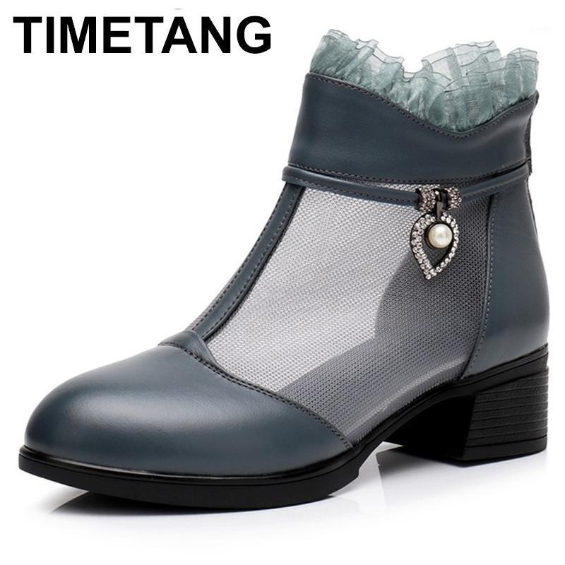 

TIMETANG 2020 Spring New Fashion Hollow Genuine Leather Shoes Boots Lace Women Boots Breathable Comfortable Ankle Boot Large1, Black
