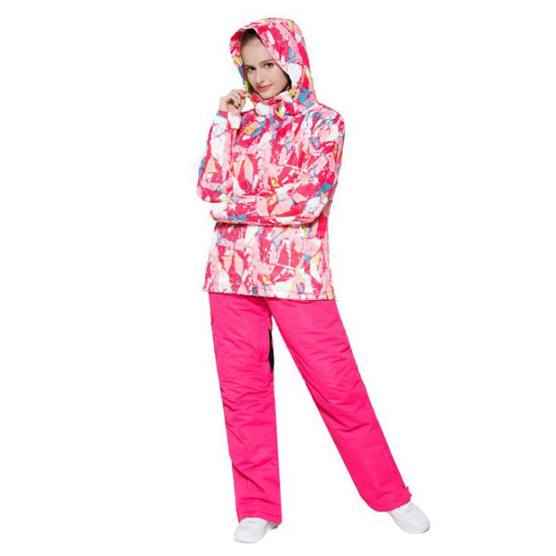 

Women Ski Suit Windproof Waterproof Outdoor Sport Wear female Camping Riding Skiing Warm Snowboard Ski set Jacket, Rose red geometry