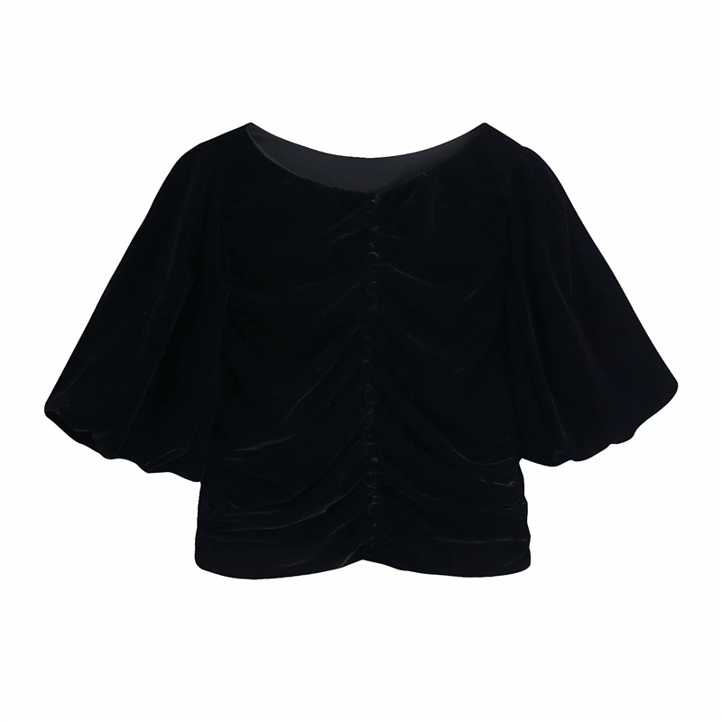 

2021 New Women V-neck Lantern Sleeve Shirts Fashion Ladies Elegant Draped Tops Sweet Female Chic Solid Black Veet Blouse Ngfp