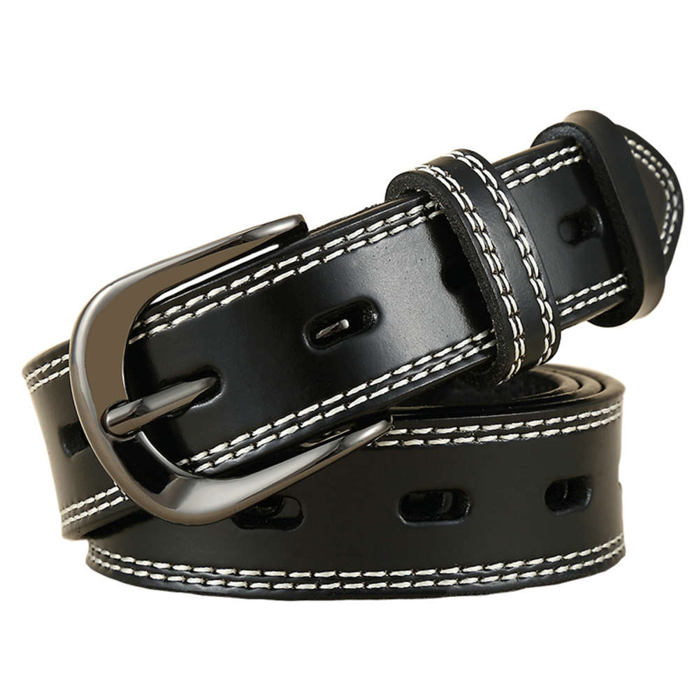 

Women's hollow leather belt women's pin buckle fashion versatile women's belt casual decoration Jeans Belt, Black