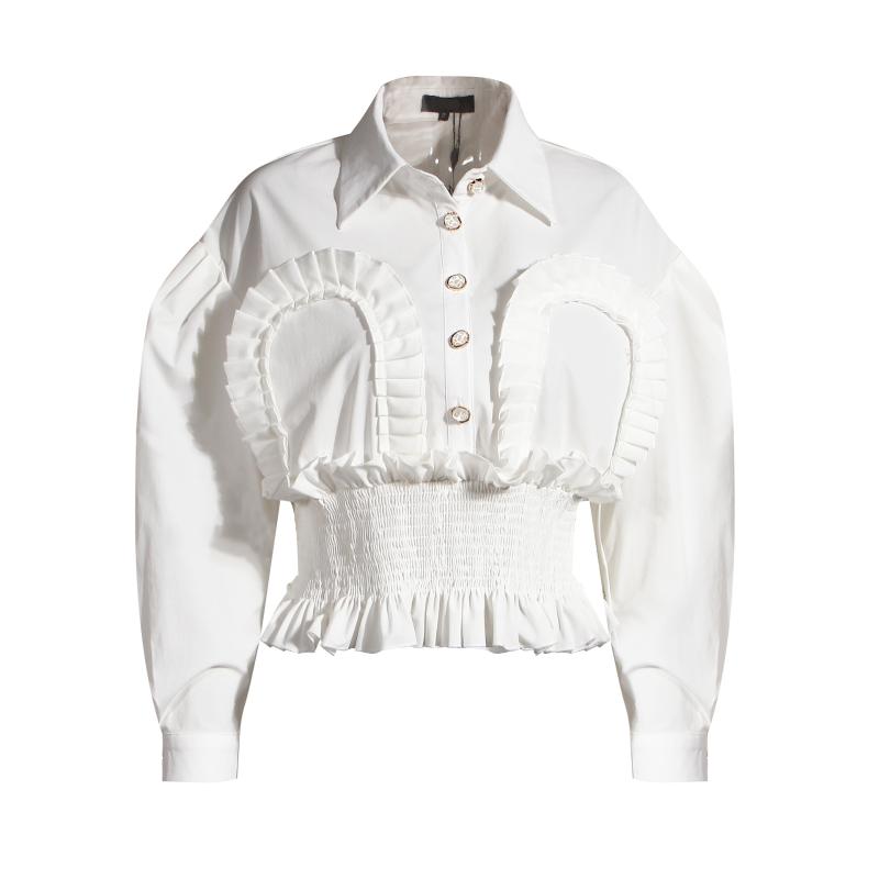 

MSXU Fashion Chic Turn Down Collar Tunic Frill Pleated Casual Work Office Women Blouse Shirt, White