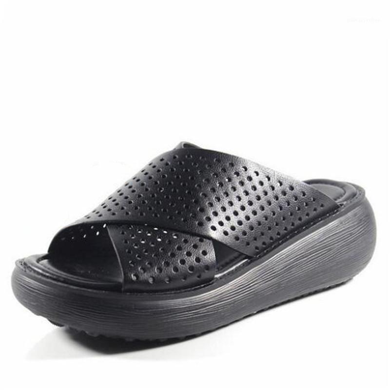 

Hot 2020 New Summer Hollow Genuine Leather Sandals Thick Bottom Wedge Sandals Retro Silppers Comfortable Open Toe Women1, Black