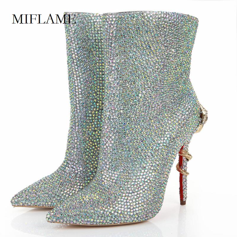 

Trendiness Rhinestone Studded Ankle Boots Woman Metal Snakelike Decoration Stiletto Shoes Winter Pointed Toe Party Thin Heels, Green