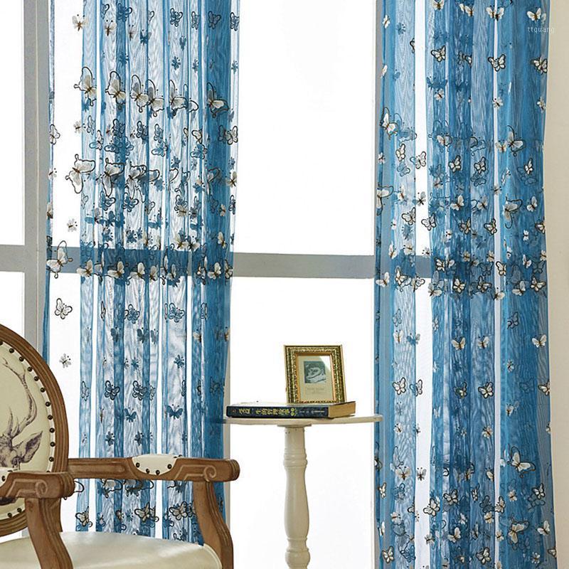 

byetee} Butterfly Embroidery Blue Voile Sheer Tulle Curtains For Living Room Morden Bedroom Kitchen Door Window Home Decor1, Picture color