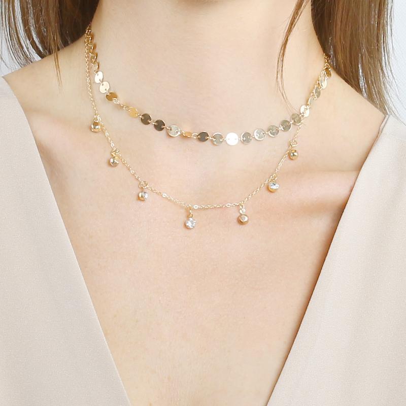 

ABDOABDO Collier Necklace Multilayer Tassel Disc Zircon Long Necklace Ladies Jewelry Stainless Steel Gold Collares