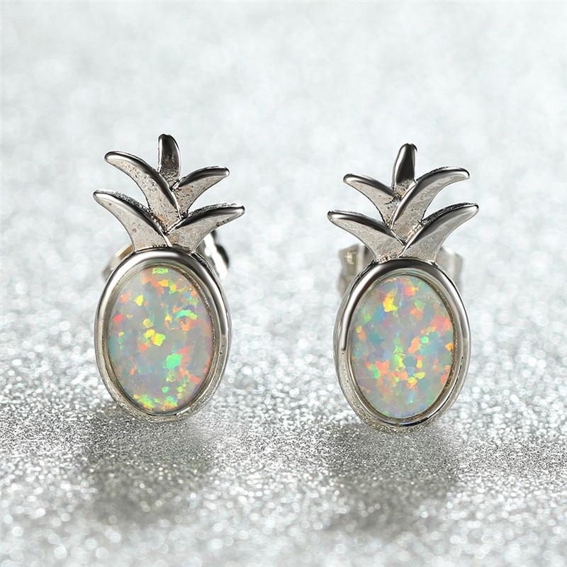 

Stud Charm Female White Blue Oval Opal Stone Jewelry Rose Gold Color Wedding Earrings For Women Dainty Pineapple Small