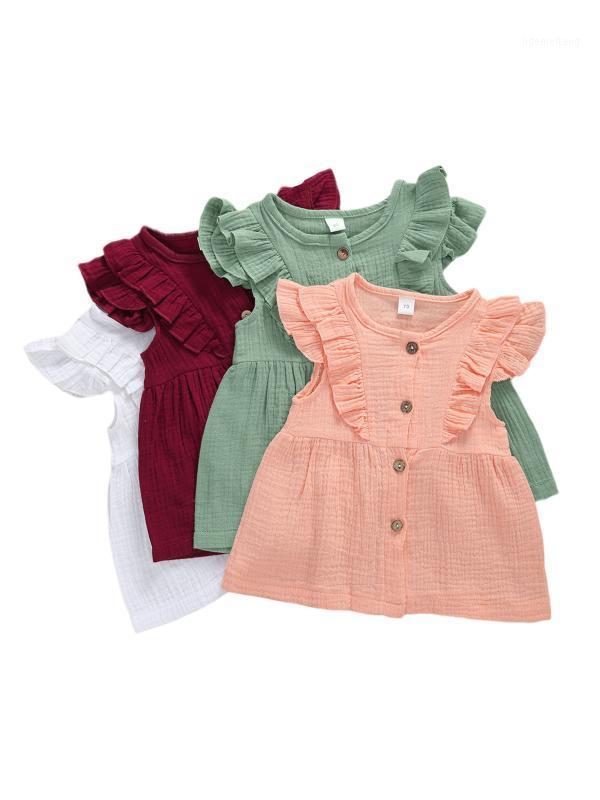 

0-3Y Soft Cotton Linen Newborn Summer Dress Infant Baby Girls Sleeveless Dress Button Ruffles Sleeve A-Line Outfits1, Green