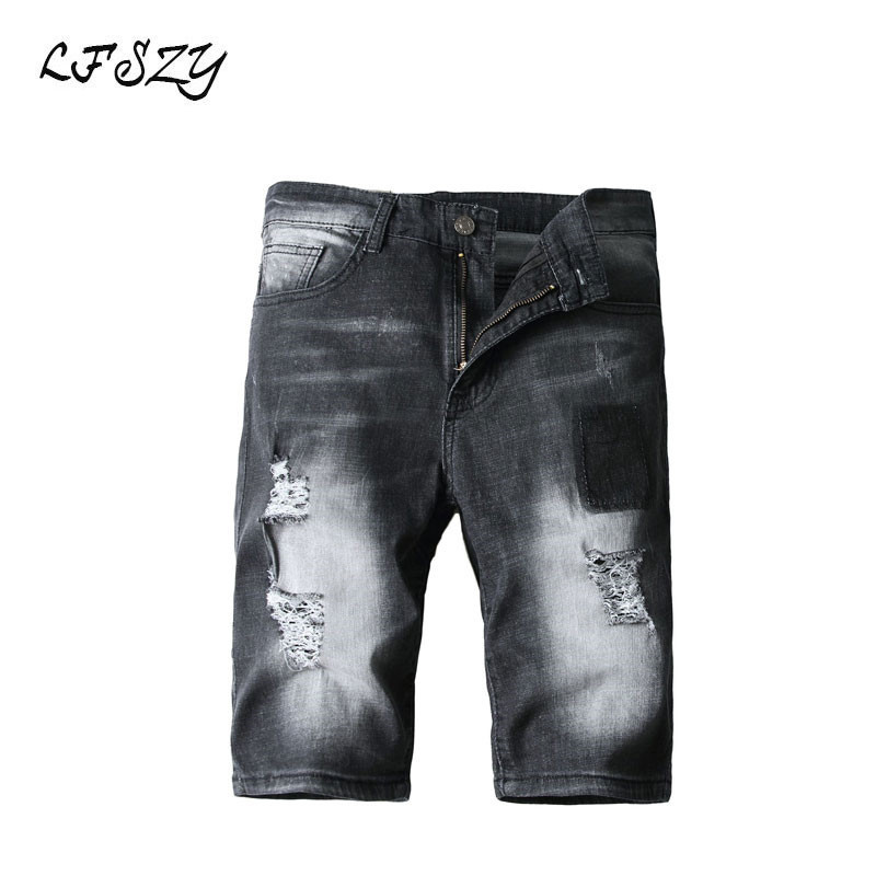 

Modal 2020 New Personality Trend Male High Street Shorts Straight-line Hole Five Stitches Torn Jeans for Man 5kyr, Blue black.