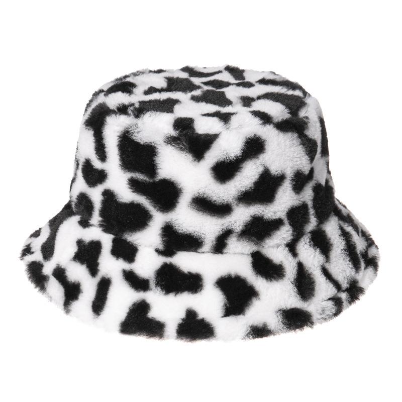 

New Winter Cow Print Plush Bucket Hats Women Tourism Outdoor Warm Hat Soft Velvet Fisherman Cap Lady Fashion Panama Basin Hat, Blue