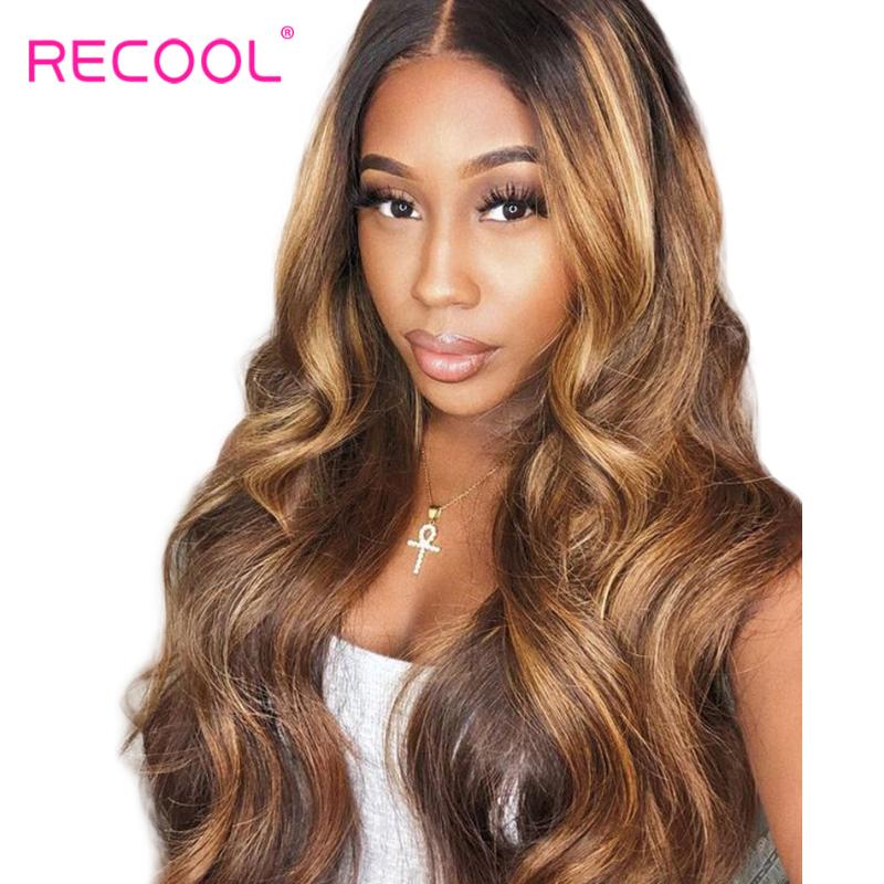 

Recool Honey Blonde Highlight Wigs 13x4 Ombre Brown Body Wave Lace Front Human Hair Wigs 180% Density Brazilian Remy Hair Wig, Black;brown