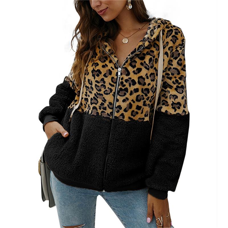 

Winter Warm Ladies Jacket Leopard Print Patchwork Ladies Coat Autumn Hooded Long Sleeved High Quality Pocket Plush Coat, White