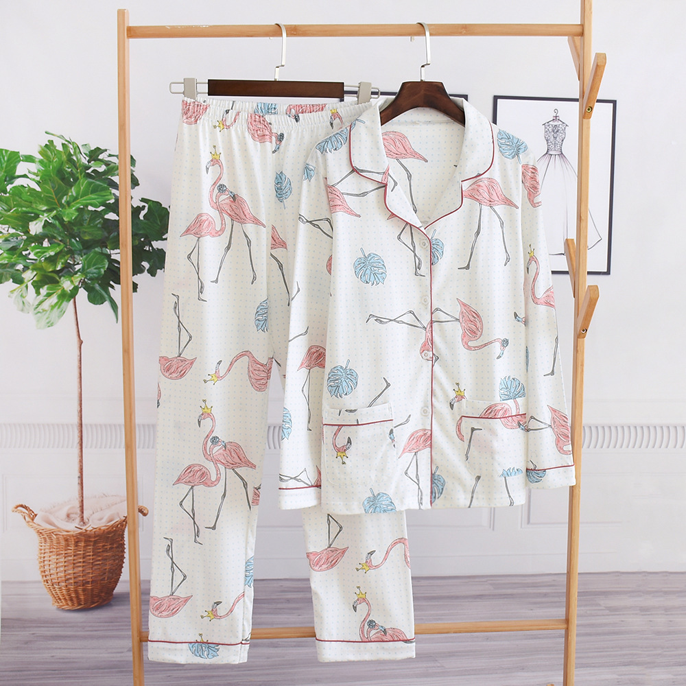 Japanese style new spring and autumn pajamas set for ladies 100% cotton long-sleeved two-piece knitted cotton pajamas set women 201113Z
