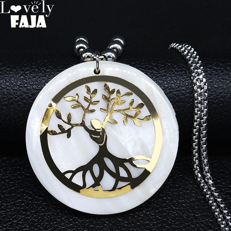 

2020 Tree of Life Shell Stainless Steel Necklaces for Women Gold Color Big Long Pendants Necklaces Jewelry bisuteria N20117