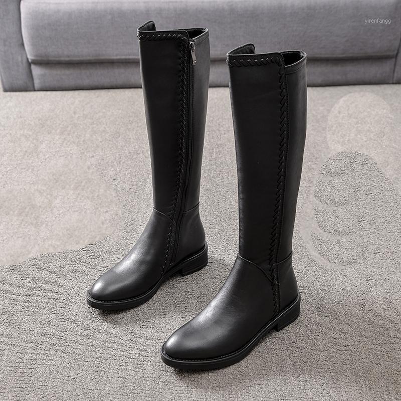 

DEAT 2020 New Autumn And Winter Fashion Casual Round Toe Black Flat Bottomed High Tube Boots Shoes Women SG1341, Black leather