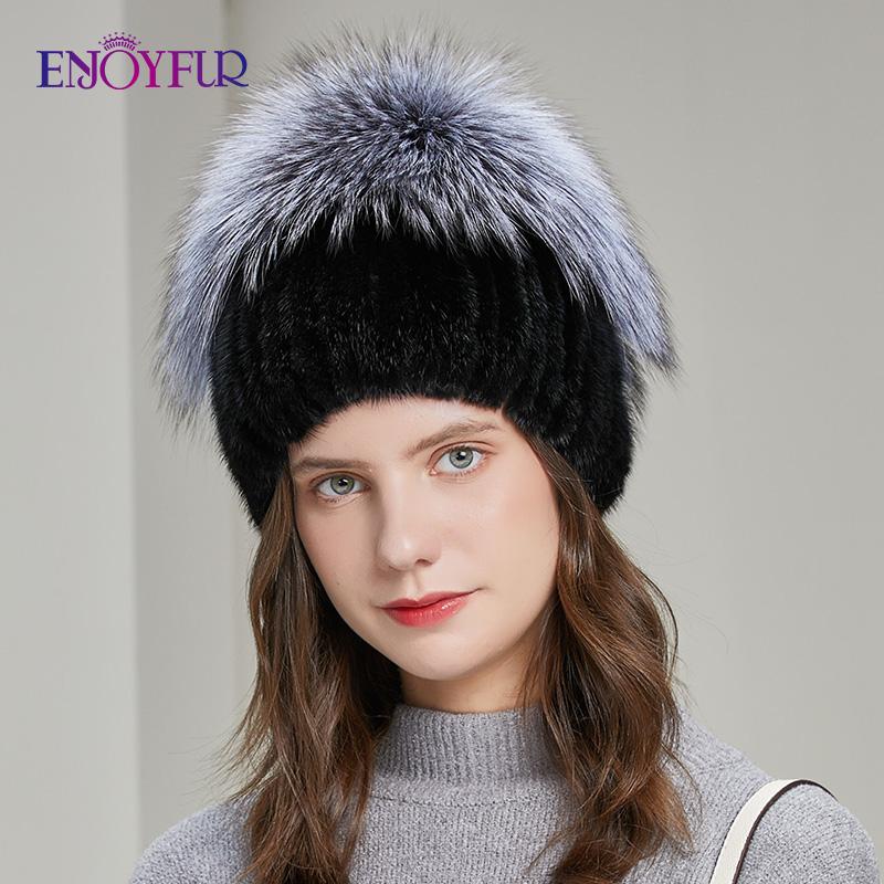 

ENJOYFUR Warm Women Winter Hat Natural Fur Knit Bonnets Fashion Flower Bead Elastic Female New Brand Casual Beanies, 01
