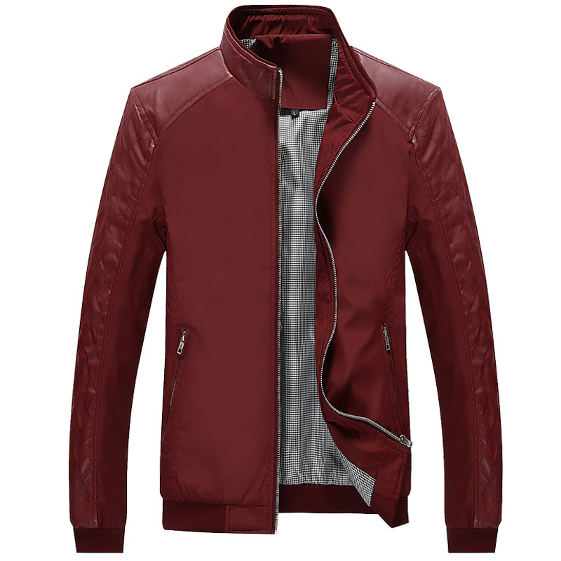 

2021 brand spring new youth jacket jacket men's thin section pu leather stitching solid color casual jacket clothing, Burgundy