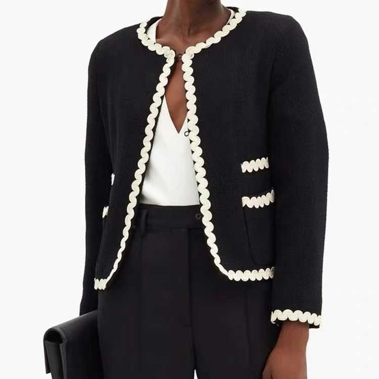 Famous Stylist Womens Piping Jacket 20AW Graceful Beauty Small Fragrance Wind Round Collar Wavy Braid Wrap Trim Top Short Coat Size XS-L