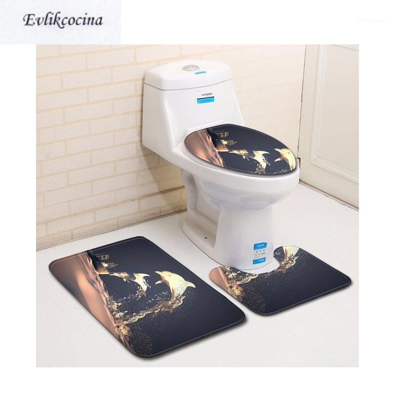 

Free Shipping 3pcs Dolphins Jumping Banyo Bathroom Carpet Toilet U Bath Mats Set Non Slip Pad Tapis Salle De Bain Alfombra Bano1