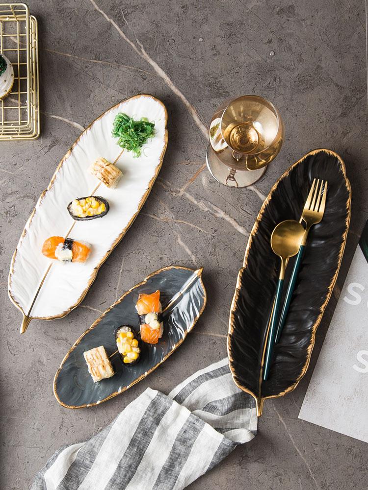 

White Banana Leaf Shape Ceramic Plate Gold Porcelain Dessert Jewelry Plates Dish Dinnerware Sushi Tableware Feather Storage Tray