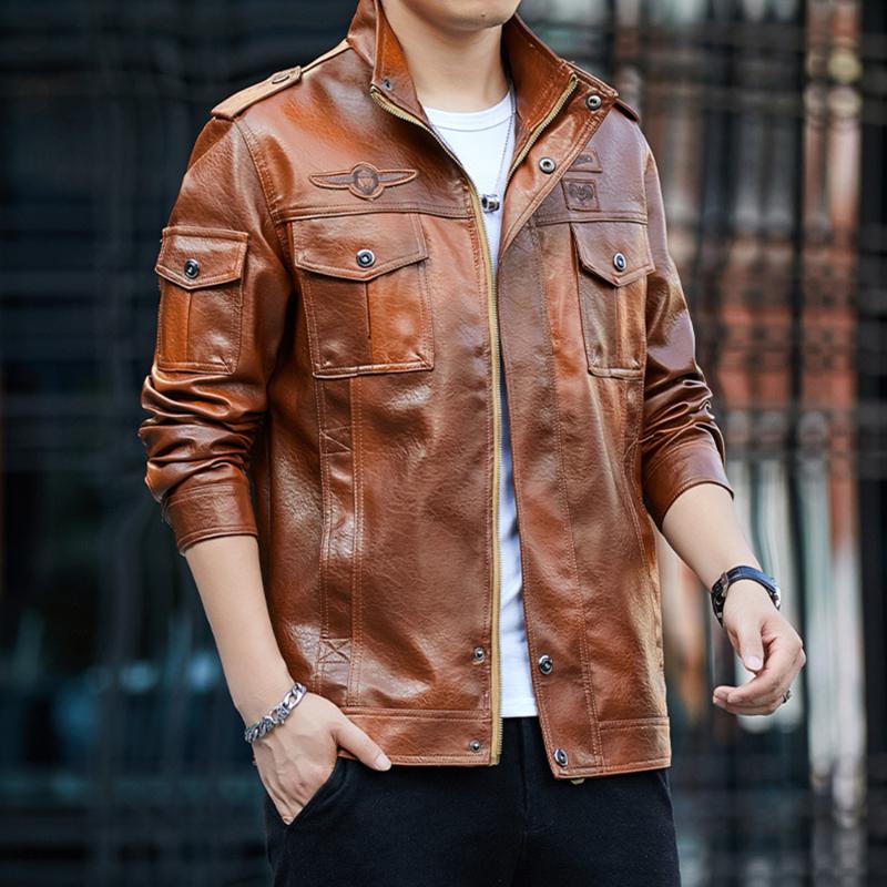 

Men 2020 PU Leather Jacket Motorcycle Jacket Vintage Biker Coat Retro Male Zipper Winter Plus Velvet Fashion Bomber, Army green