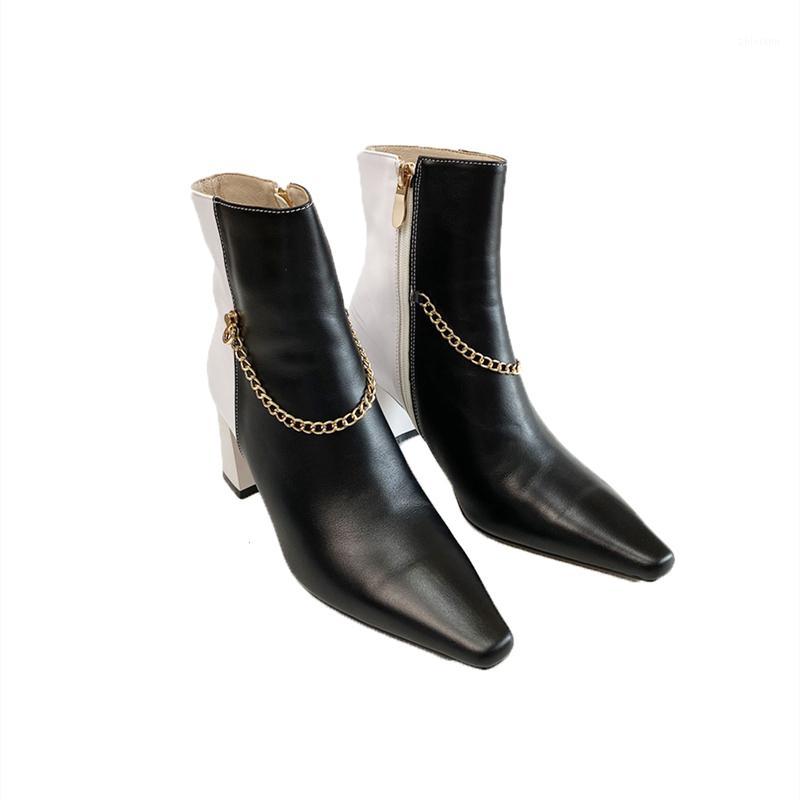 

MKKHOU Fashion Bare-boots for women 2020 Autumn/Winter cowhide pointy metal chain 7cm high heel thigh-high boots size 33-401, Black