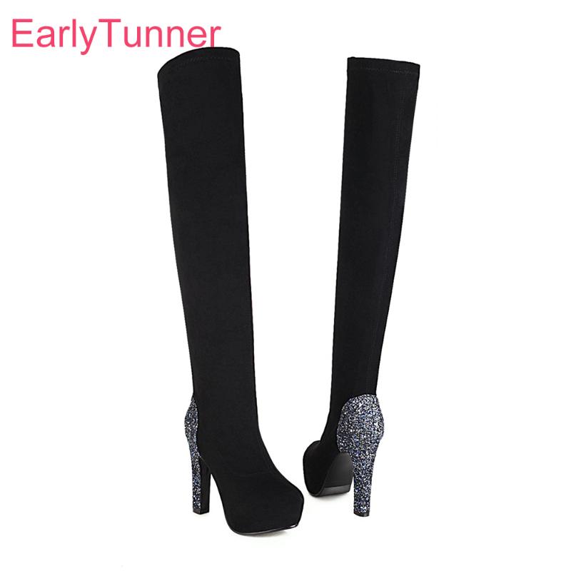 

2020 High Quality Winter New Glamour Black Women Thigh High Platform Boots Sexy Heels Lady Shoes Plus Big Size 10 43