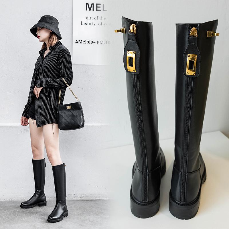 

women knee high boots Genuine Leather 22.5-24.5 cm long boots women winter Back zipper metal decoration rain, Black