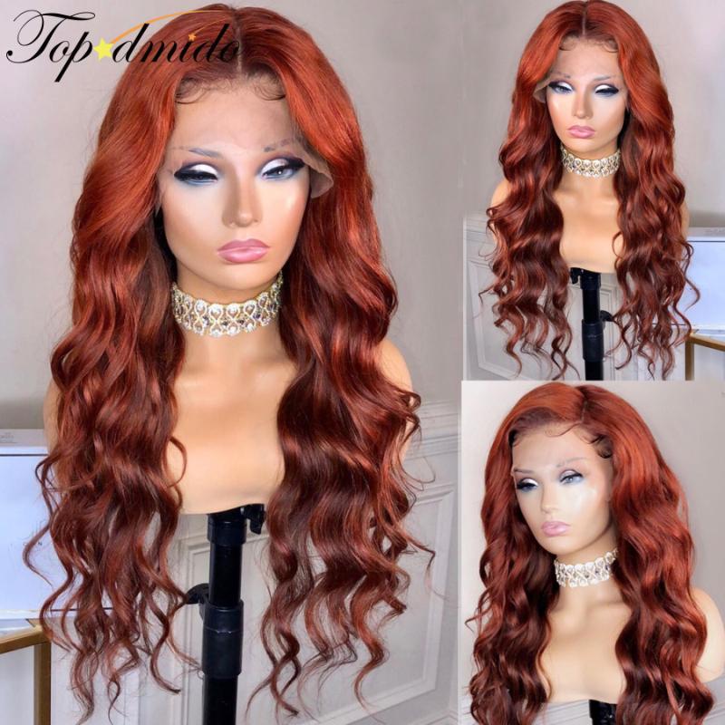 

Topodmido Highlight Color Lace Front Wigs with Baby hair Red Color Brazilian Body Wave Remy Human Hair Wigs Pre Plucked, As pic