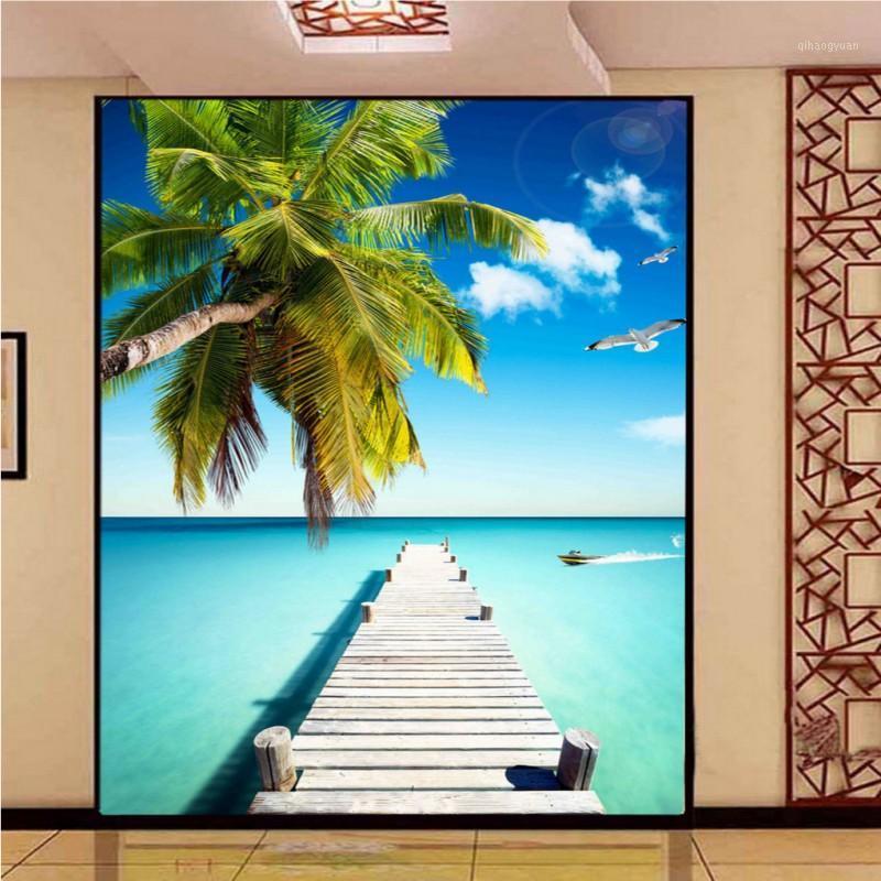 

Drop Shipping 3D Photo Wallpaper Blue Sky Sea Coconut Trees Bridge Off The Aisle Backdrop Wall Living Room Decoration Wallpaper1, As pic