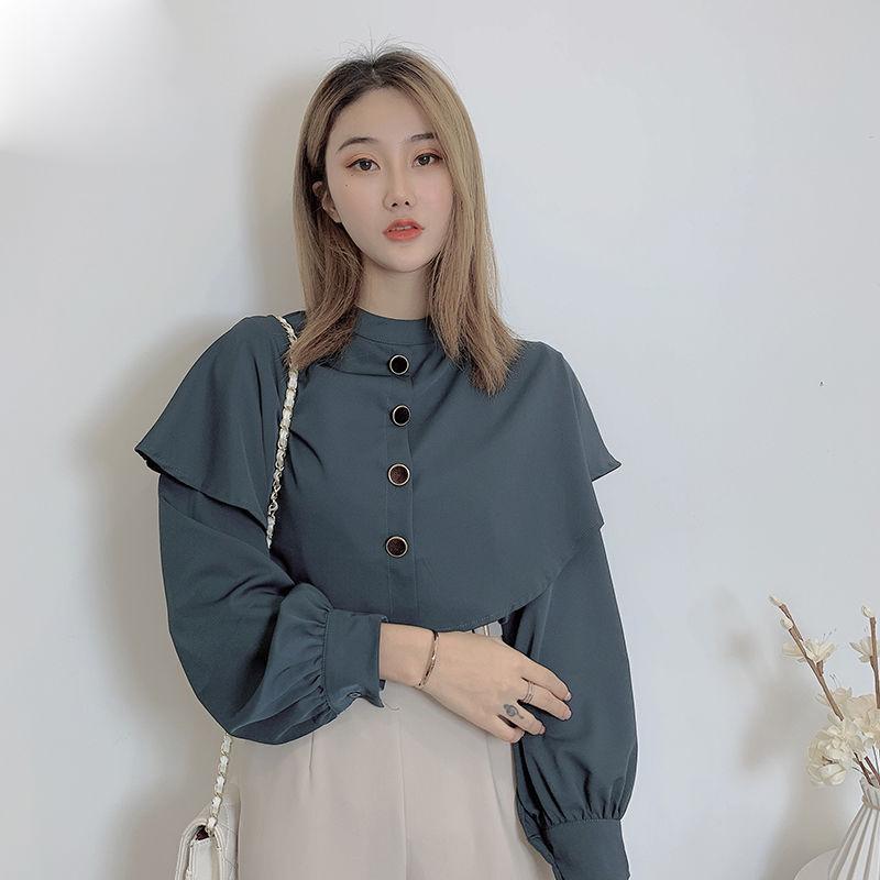 

Feme Elegant Vintage Long sleeves Office Lady Chiffon Cloak Blouse Women's Autumn Tops Jackets Casual Streetwear Shirt Overshirt, Blue