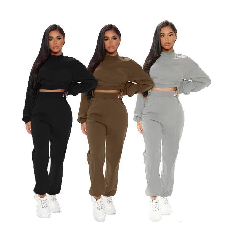

Winter Clothes Women Two Piece Set Joggers Sweatsuit Fashion Long Sleeve Short Top Plus Cashmere Clothing Wholesale Dropshipping, Khaki