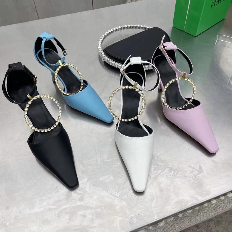 

Fashion Women Sandals Pointed Toe Rhinestone Ring Design Thin High Heels Party Shoes Dress Female Sandals Purple/Blue Slides, Black